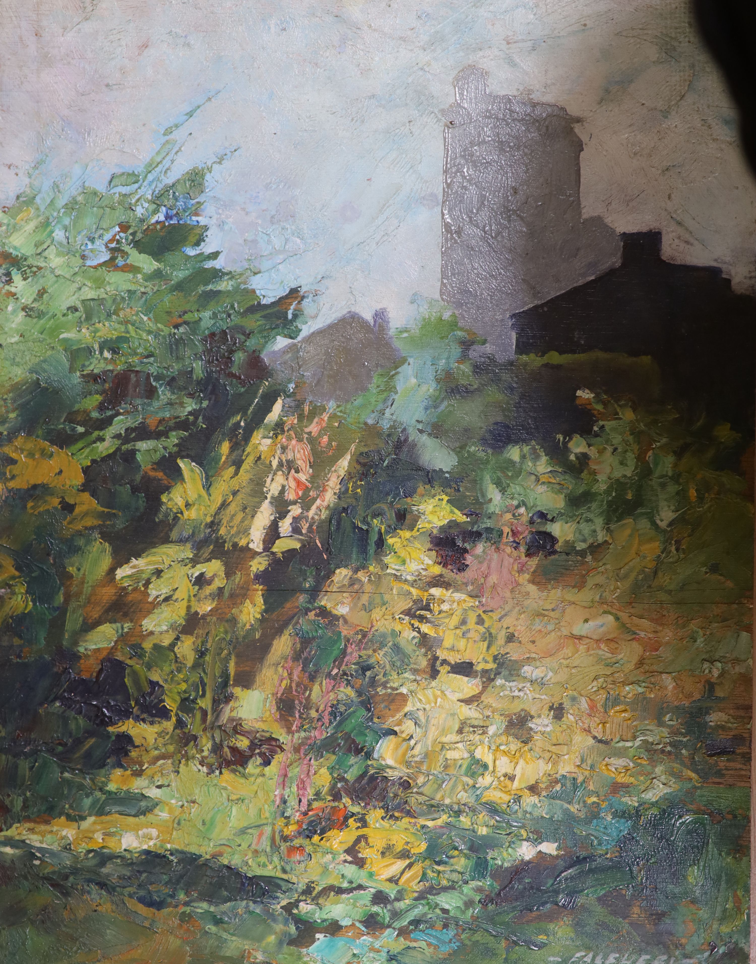 A 20th century oak cased artists’ box (A/F) together with eleven various oil studies on board, many signed and a collection of unframed French impressionist style studies (quantity)